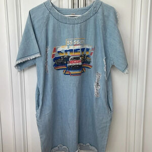 Zen Blue Light Wash denim mini dress tunic oversized shirt Chevy sz One Size